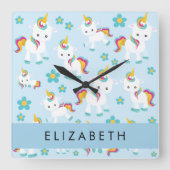 ユニコーンのパターン,かわいいユニコーン,あなたの名前 スクエア壁時計 (正面)
