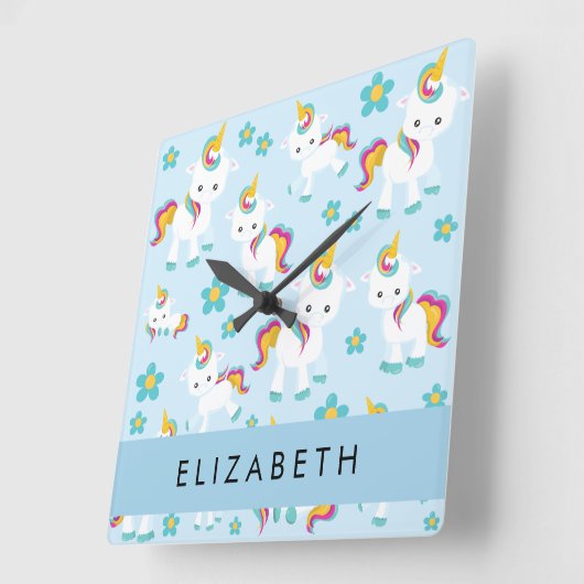 ユニコーンのパターン，かわいいユニコーン，あなたの名前 スクエア壁時計 (傾斜)