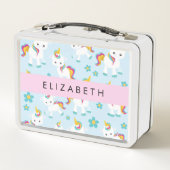 ユニコーンのパターン，かわいいユニコーン，あなたの名前 メタルランチボックス (裏面)