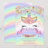 ユニコーンのパーティー レインボー 1歳の誕生日 ファンシーな女の子 招待状 (正面/裏面)