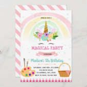 ユニコーンのピク絵を描ニックテーマパーティーの招待 招待状 (正面/裏面)