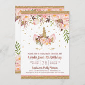 ユニコーンのピンクおよび金ゴールドのバースデーパーティ招待状 招待状 (正面/裏面)