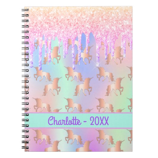 ユニコーンのピンクのミントドリップ名ホログラフィックガール ノートブック (正面)