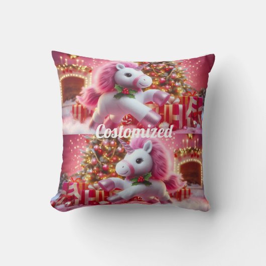 ユニコーンのピンクのメリークリスマス クッション (正面)