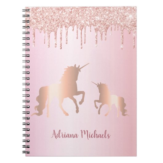 ユニコーンのピンクのローズ金ゴールドグリッター名 ノートブック (正面)