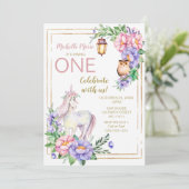 ユニコーンのフクロウの水彩画の花のピンクのグリッター 招待状 (スタンド正面)