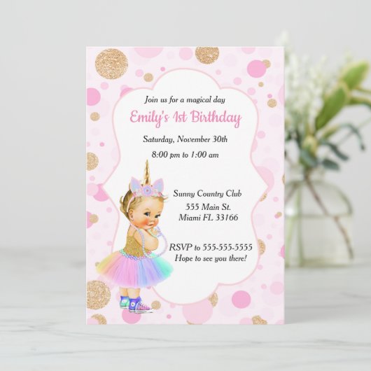 ユニコーンのベビーの第1誕生日の招待状4 招待状 (スタンド正面)