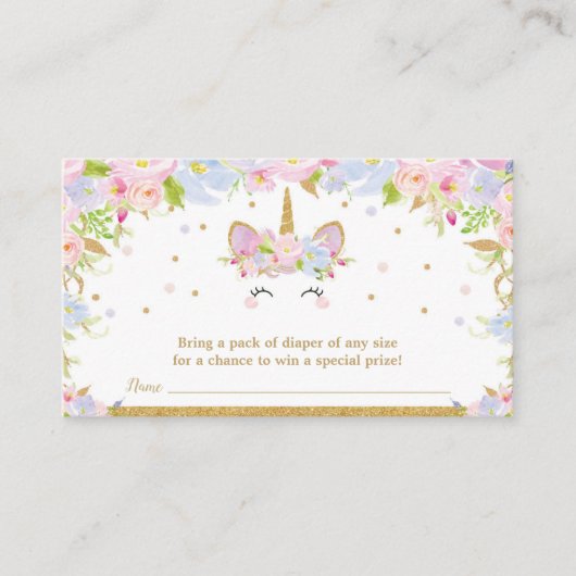 ユニコーンのベビーシャワーのおむつのラッフルの花の女の赤ちゃん エンクロージャーカード (正面)
