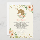 ユニコーンのベビーシャワーのサンキューカードのモモの金ゴールド サンキューカード (正面/裏面)