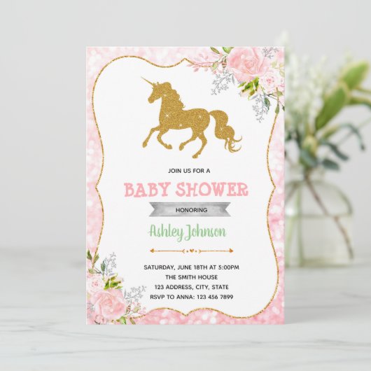 ユニコーンのベビーシャワーのテーマのパーティの招待状 招待状 (スタンド正面)