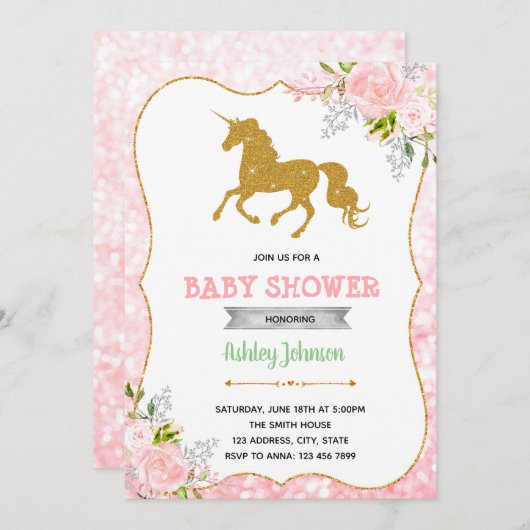 ユニコーンのベビーシャワーのテーマのパーティの招待状 招待状 (正面/裏面)
