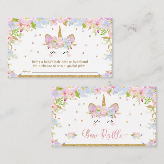 ユニコーンのベビーシャワーの弓ラッフルのヘッドバンドの女の赤ちゃん エンクロージャーカード (正面/裏面)