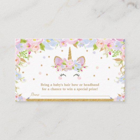 ユニコーンのベビーシャワーの弓ラッフルのヘッドバンドの女の赤ちゃん エンクロージャーカード (正面)