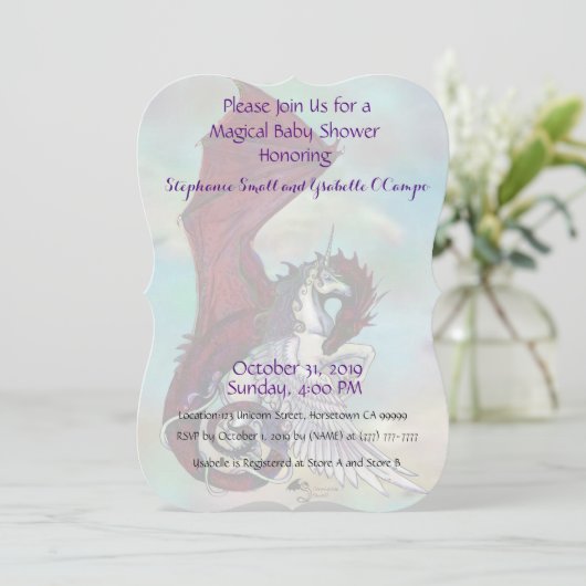 ユニコーンのベビーシャワーの招待状の赤のドラゴン 招待状 (スタンド正面)