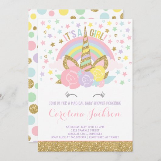 ユニコーンのベビーシャワーの招待状の魔法のベビーシャワー 招待状 (正面/裏面)