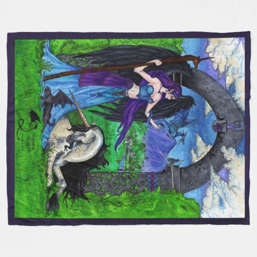 ユニコーンのペガソスの天使によっては女の子の翼の飛んでいるな猫が飛びました フリースブランケット (正面(横))