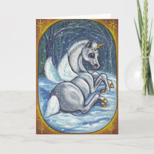 ユニコーンのペガソスの子馬の冬のメッセージカード カード (正面)