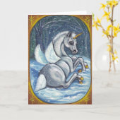 ユニコーンのペガソスの子馬の冬のメッセージカード カード (黄色い花)