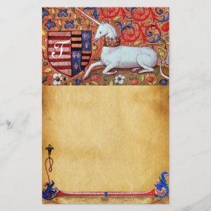 ユニコーンのモノグラムのブラウンの花柄の羊皮紙 便箋