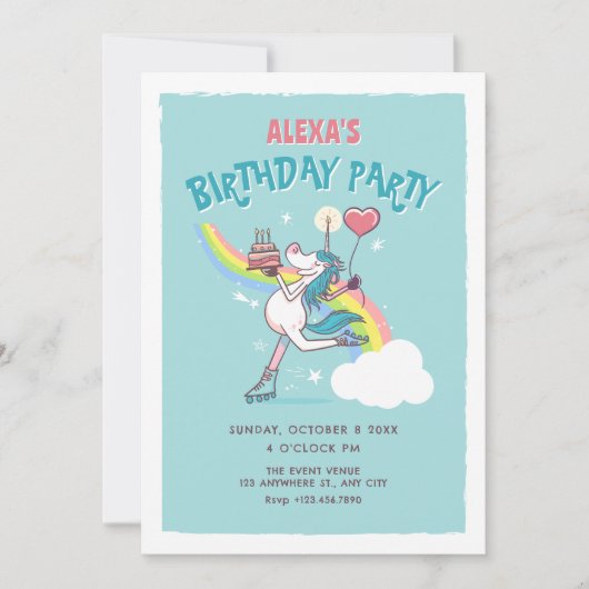 ユニコーンのローラースケートの誕生日 招待状 (正面)