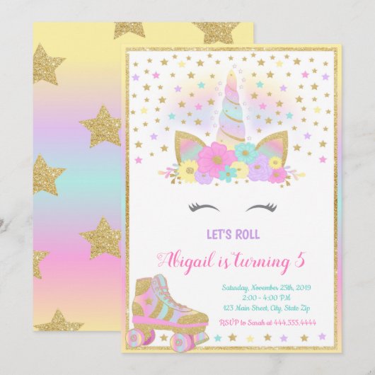 ユニコーンのローラースケートパーティーへの招待状ユニコーン 招待状 (正面/裏面)