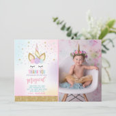 ユニコーンの写真のサンキューカードのピンクの金ゴールドのユニコーン サンキューカード (スタンド正面)