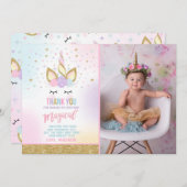 ユニコーンの写真のサンキューカードのピンクの金ゴールドのユニコーン サンキューカード (正面/裏面)