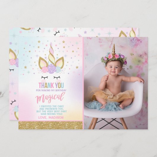 ユニコーンの写真のサンキューカードのピンクの金ゴールドのユニコーン サンキューカード (正面/裏面)