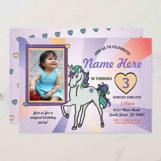 ユニコーンの写真の誕生日の招待状のデキセドリン錠 招待状 (正面/裏面)