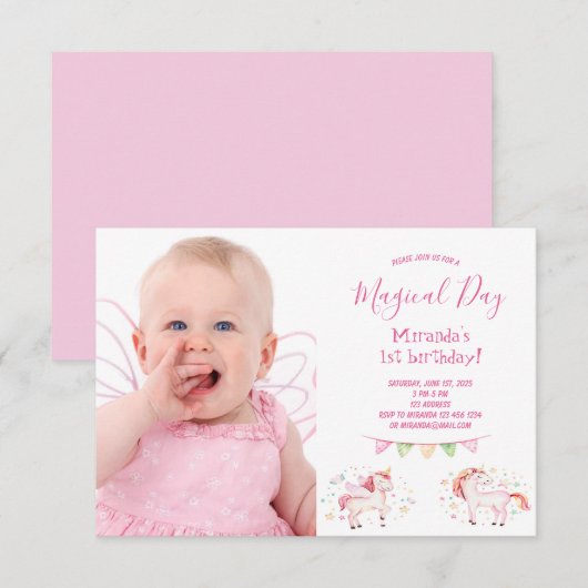 ユニコーンの写真　1歳の誕生日パーティー　女の子の招待状 招待状 (正面/裏面)