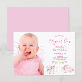 ユニコーンの写真　1歳の誕生日パーティー　女の子の招待状 招待状