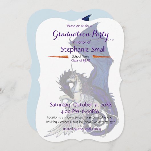 ユニコーンの卒業の招待状の紫色の青いドラゴン 招待状 (正面/裏面)