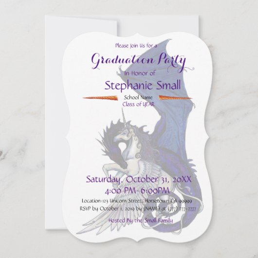 ユニコーンの卒業の招待状の紫色の青いドラゴン 招待状 (正面)