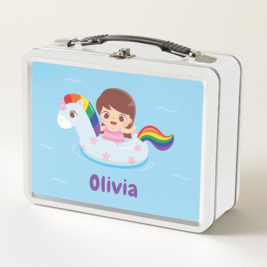 ユニコーンの可愛い少女レインボープール浮体名 メタルランチボックス (正面)
