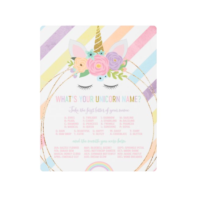 ユニコーンの名前サインバースデーパーティーとは メタルプリント (正面)