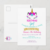 ユニコーンの女の子の誕生日招待状 ポストカード (正面/裏面)