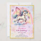 ユニコーンの女の子の金色グリッター ピンク 10歳の誕生日パーティー 招待状 (正面)