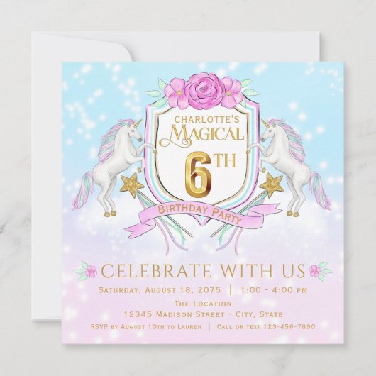 ユニコーンの女の子の6歳の誕生日パーティーの招待状 招待状 (正面)