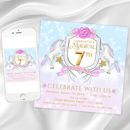 ユニコーンの女の子の7歳の誕生日パーティーの招待状 招待状