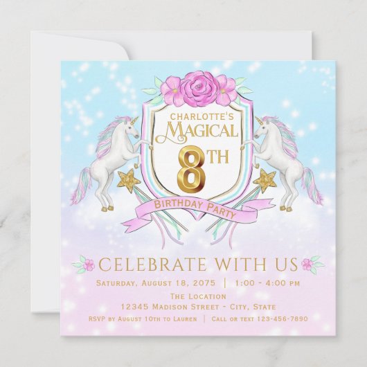 ユニコーンの女の子の8歳の誕生日パーティーの招待状 招待状 (正面)