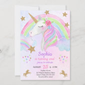 ユニコーンの女の子 誕生日1歳 レインボー 水彩 招待状 (正面)