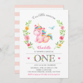 ユニコーンの女の赤ちゃんの花柄の第1最初誕生会 招待状 (正面/裏面)