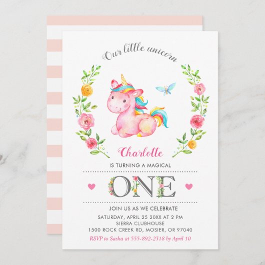 ユニコーンの女の赤ちゃんの花柄の第1最初誕生会 招待状 (正面/裏面)