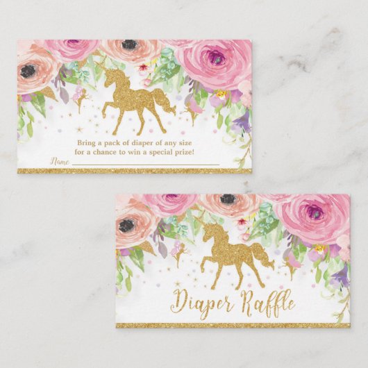 ユニコーンの妖精のベビーシャワーのおむつのラッフルの花柄 エンクロージャーカード (正面/裏面)