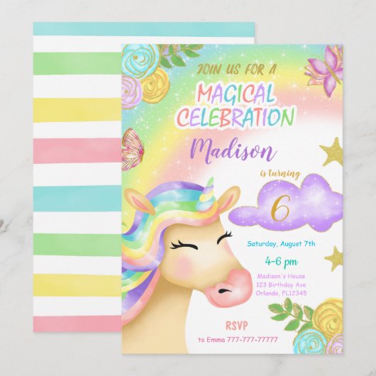 ユニコーンの子供の誕生日パーティー招待状 招待状 (正面/裏面)