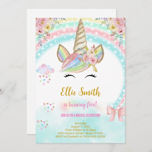 ユニコーンの子供の誕生日招待状 招待状 (正面/裏面)