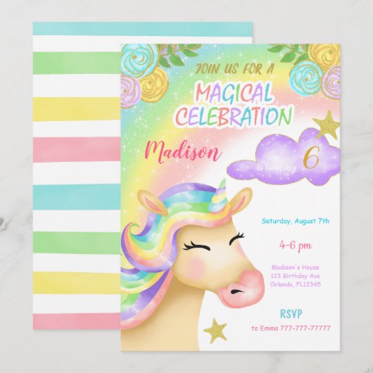 ユニコーンの子供の誕生日招待状 招待状 (正面/裏面)