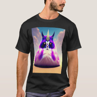 ユニコーンの帽子をかぶった太ったふっくらとした紫色の猫H Tシャツ