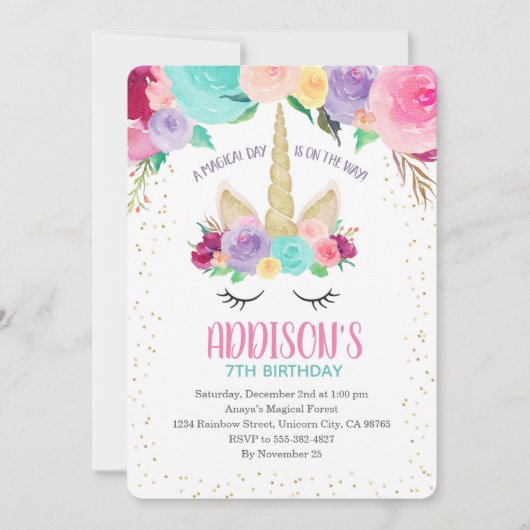 ユニコーンの招待状の第1誕生日のベビーシャワー 招待状 (正面)