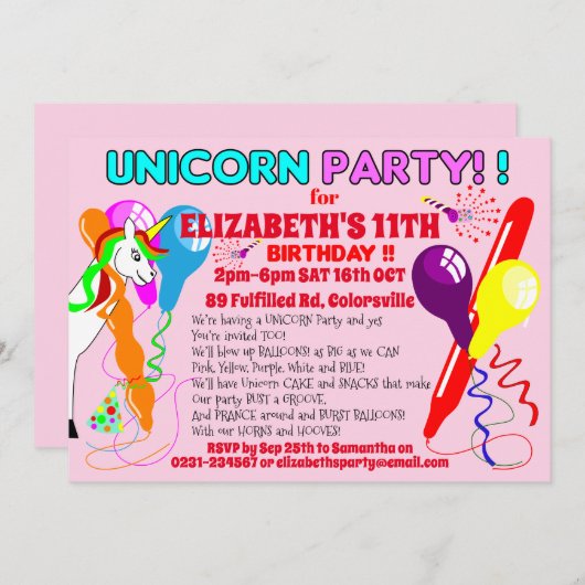 ユニコーンの招待状 ユニコーンの誕生日パーティー 楽しい 招待状 (正面/裏面)